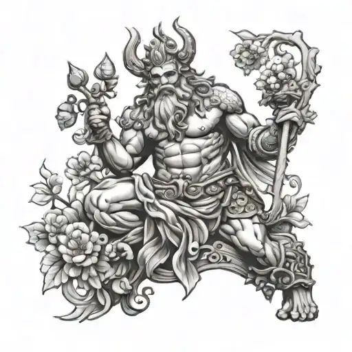 full body king Neptune statue and cherry blossoms and orange blossoms and buckeyes tattoo design idea