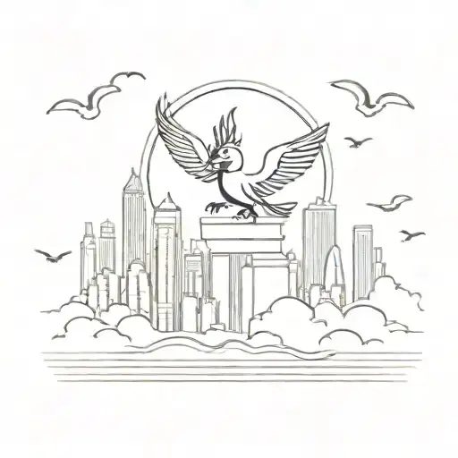 hong kong skyline with garuda bird flying tattoo design idea