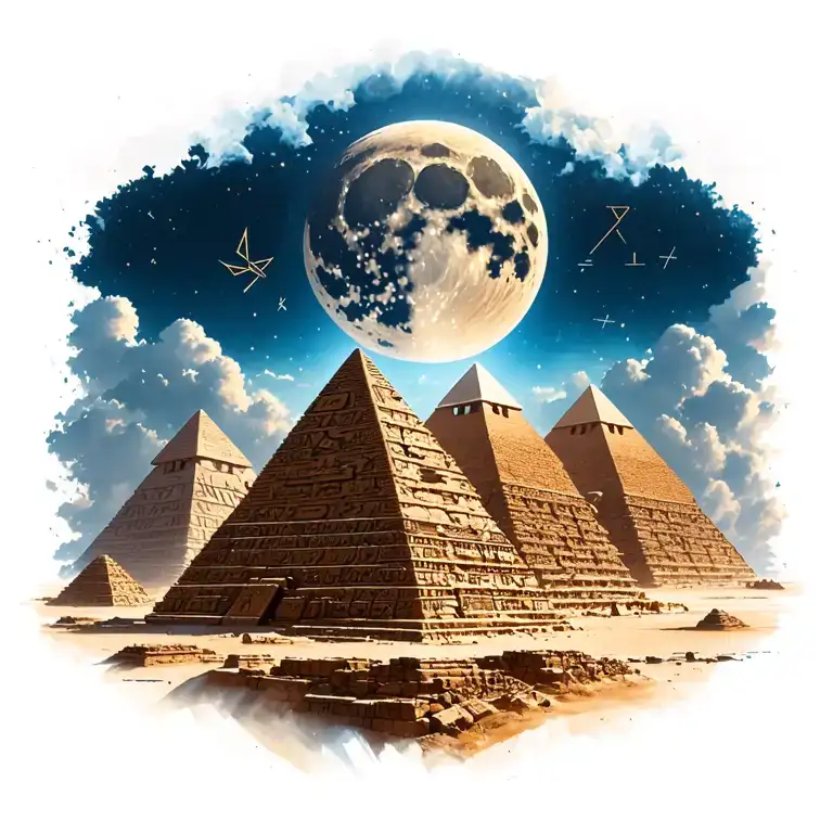 3 egyptian pyramids with atlantis under moorcocks dreaming city in the background.. the moon and runes with math sky tattoo design idea