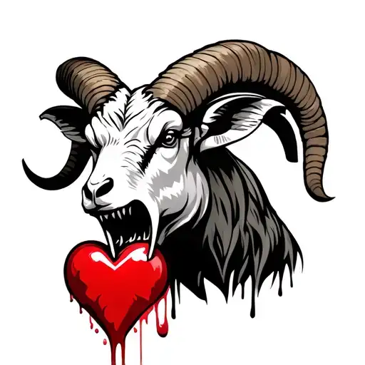 angry ram with bleeding heart in mouth, shoulder, side profile, horns large tattoo design idea