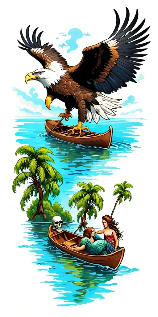 bald eagle at top of sleeve and a Peter Pan lagoon in a rowboat skull island around the elbow mermaids below the boat tattoo design idea