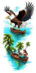 bald eagle at top of sleeve and a Peter Pan lagoon in a rowboat skull island around the elbow mermaids below the boat tattoo design idea