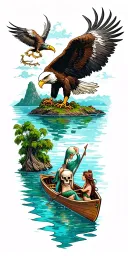bald eagle at top of sleeve and a Peter Pan lagoon in a rowboat skull island around the elbow mermaids below the boat tattoo design idea