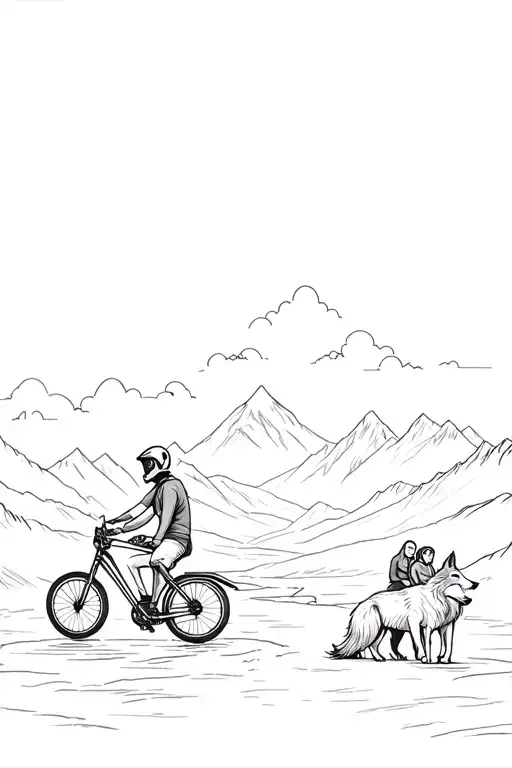 Royal enfiled himalyan 411 bike and a helmet and mountain with a river and clouds&wolfs and a camara and rideing couple. tattoo design idea