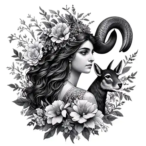 goddess of Aries surrounded by flowers and animals tattoo design idea