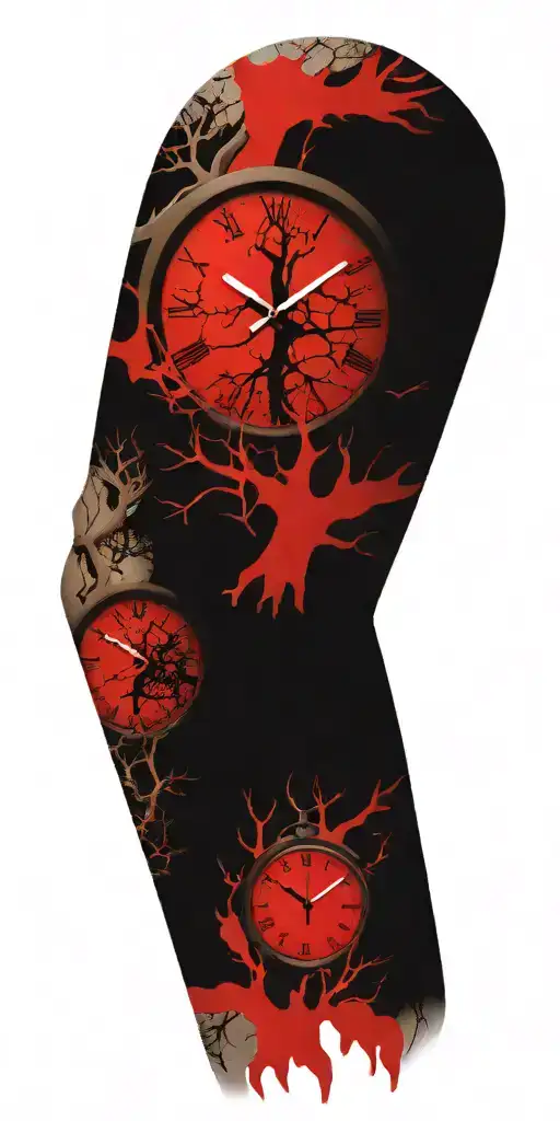 oak tree branches with three round clocks integrated into it for an arm sleeve tattoo design idea