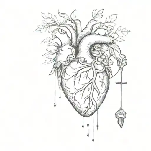 anatomical heart and skeleton key tattoo design idea