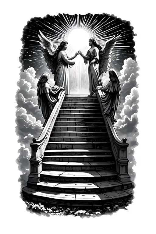 stairway to heaven walking up stairs angels sun rays clouds heaven gate at the top of the stairs  tattoo design idea