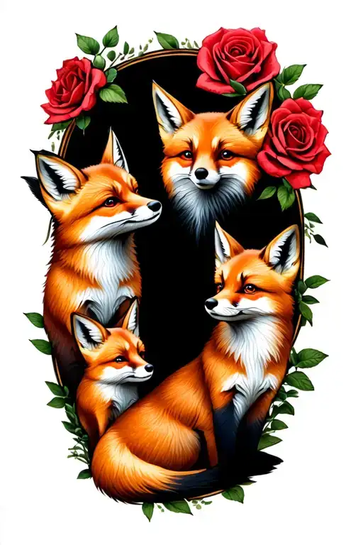 family of foxes with 4 cubs and roses around it tattoo design idea