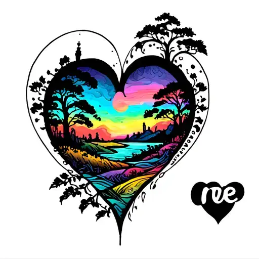 A tattoo on the top of two breasts, over the heart, a colorful, pastel whorl of a landscape centered around the word 'me tattoo design idea