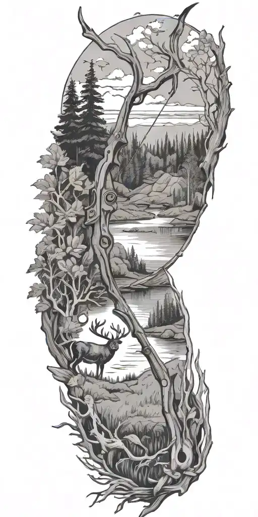 outdoor bow hunting scene tattoo design idea