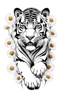 tiger walking in daisies floating tattoo design idea
