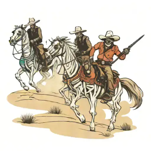 three skeleton cowboys on horses in the dessert behind three grave stones  tattoo design idea
