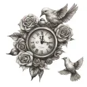 dove,clock and rose intertwined tattoo design idea