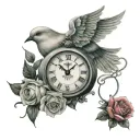 dove,clock and rose intertwined tattoo design idea