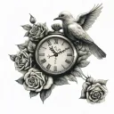 dove,clock and rose intertwined tattoo design idea