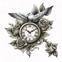 dove,clock and rose intertwined tattoo design idea