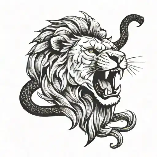 lions mouth wide open roar connected to snake tattoo design idea