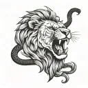 lions mouth wide open roar connected to snake tattoo design idea