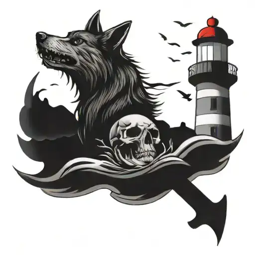 a tattoo of a lighthouse as shank of an anchor. the lighthouse light is projecting a wolf head roaring. a skull and bone tattoo design idea