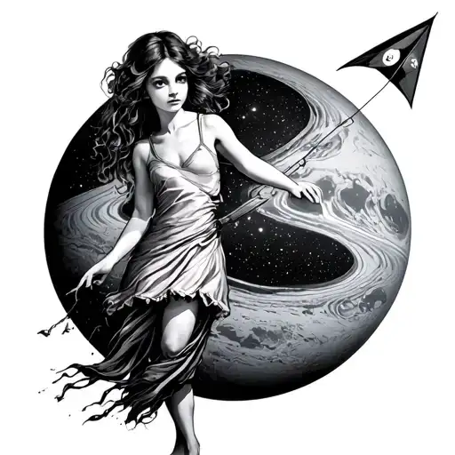 girl with a kite against the backdrop of the planet Venus tattoo design idea