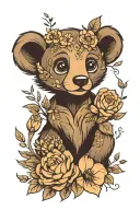 flowers with hidden bear cub profile, Disney style  tattoo design idea