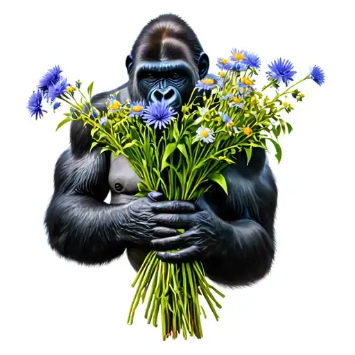 silverback gorilla holding a bouquet of chickory flowers tattoo design idea