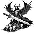Which has a winged shape with horn, which is holding the sword and standing on a pile of skulls. "Sword o it with design" tattoo design idea