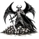 Which has a winged shape with horn, which is holding the sword and standing on a pile of skulls. "Sword o it with design" tattoo design idea
