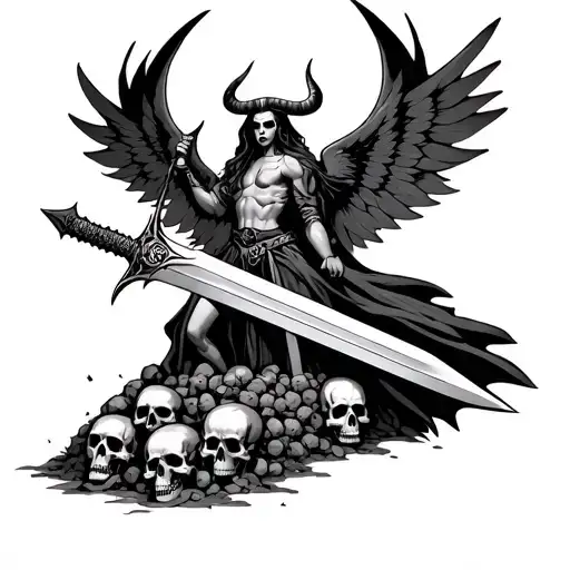 Which has a winged shape with horn, which is holding the sword and standing on a pile of skulls. "Sword o it with design" tattoo design idea