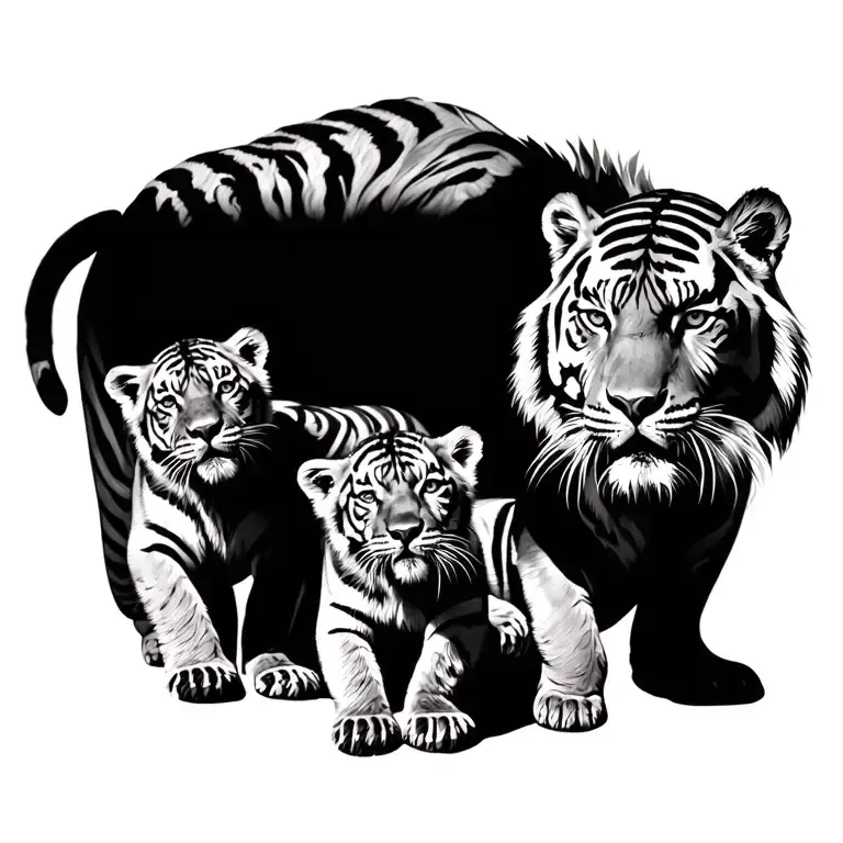 1 tiger with 3 cubs playing. fire and water intergrated. tattoo design idea