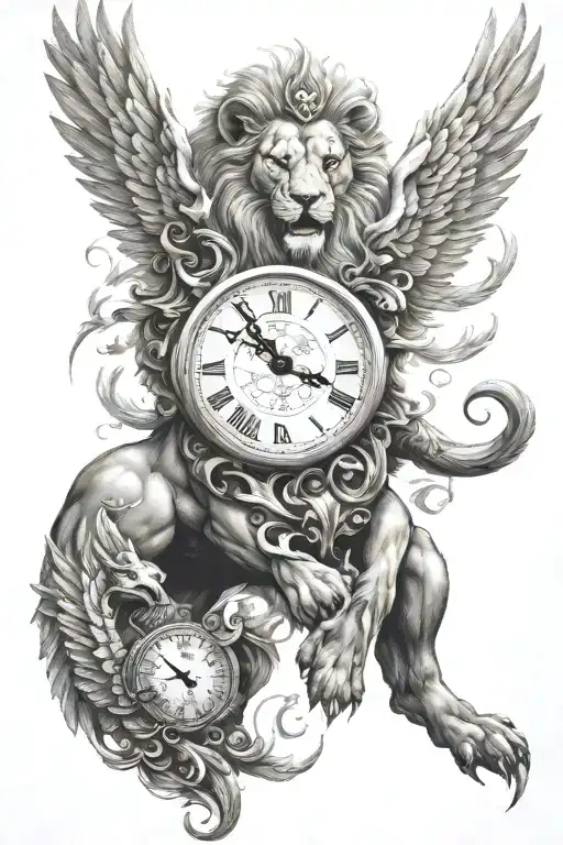 lion phoenix clock warrior tattoo design idea