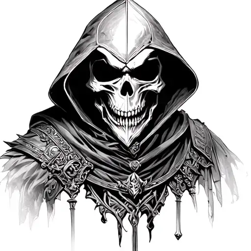 skull knight from berserk crossed with the reaper face on the cover of EBK Jaaybo's The Reaper album tattoo design idea