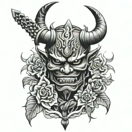 oni mask flowers sword plants bell rope tattoo design idea