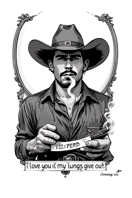 cowboy smoking, looking in a mirror. text I"ll love you till my lungs give out" tattoo design idea