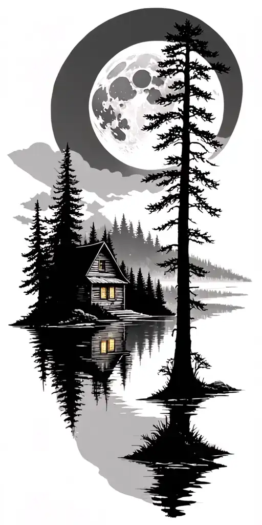 moon over Forest skyline, a frame cabin on lake tattoo design idea