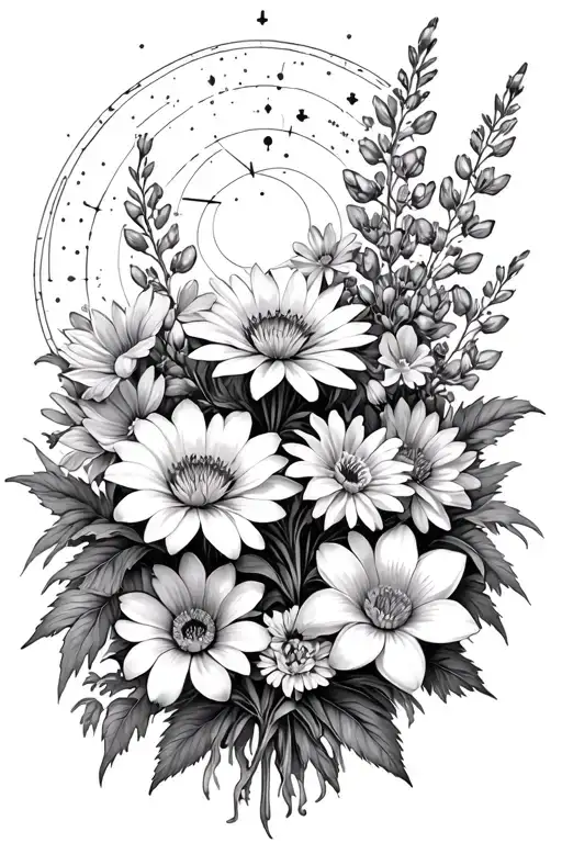 Leo and Virgo constellations, bouquet of asters, delphinium, water lilies and morning glory flowers tattoo design idea