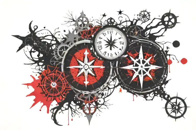 clock, tree, star and compass tattoo design idea