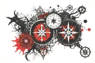 clock, tree, star and compass tattoo design idea