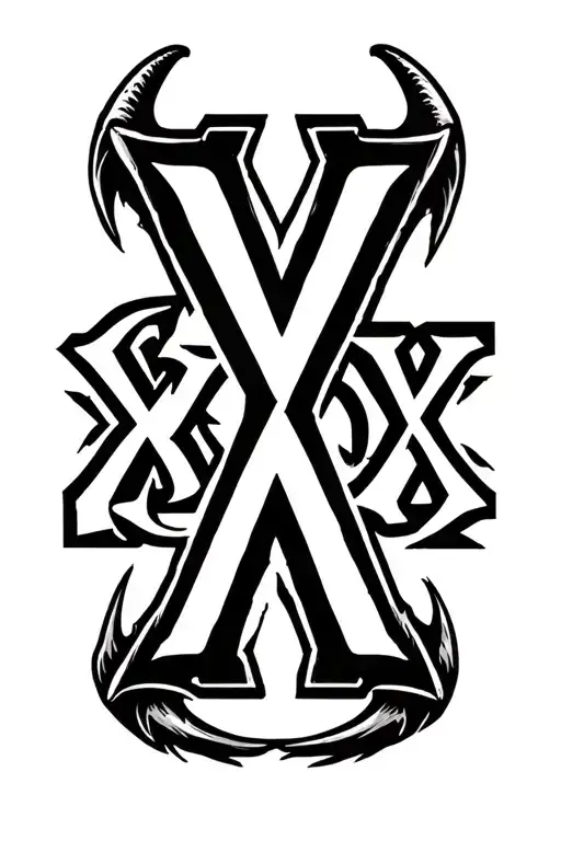 "XXX" "XXX" triple x, center X is bigger, center X has its ends extending horizonally in opposite directions, devil tail on one tattoo design idea