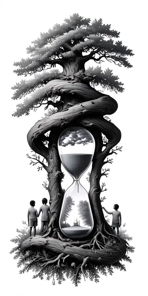 oak forest wrap around and family tree and hour glass father with 3 kids  tattoo design idea