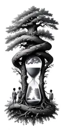 oak forest wrap around and family tree and hour glass father with 3 kids  tattoo design idea