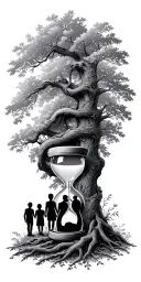 oak forest wrap around and family tree and hour glass father with 3 kids  tattoo design idea