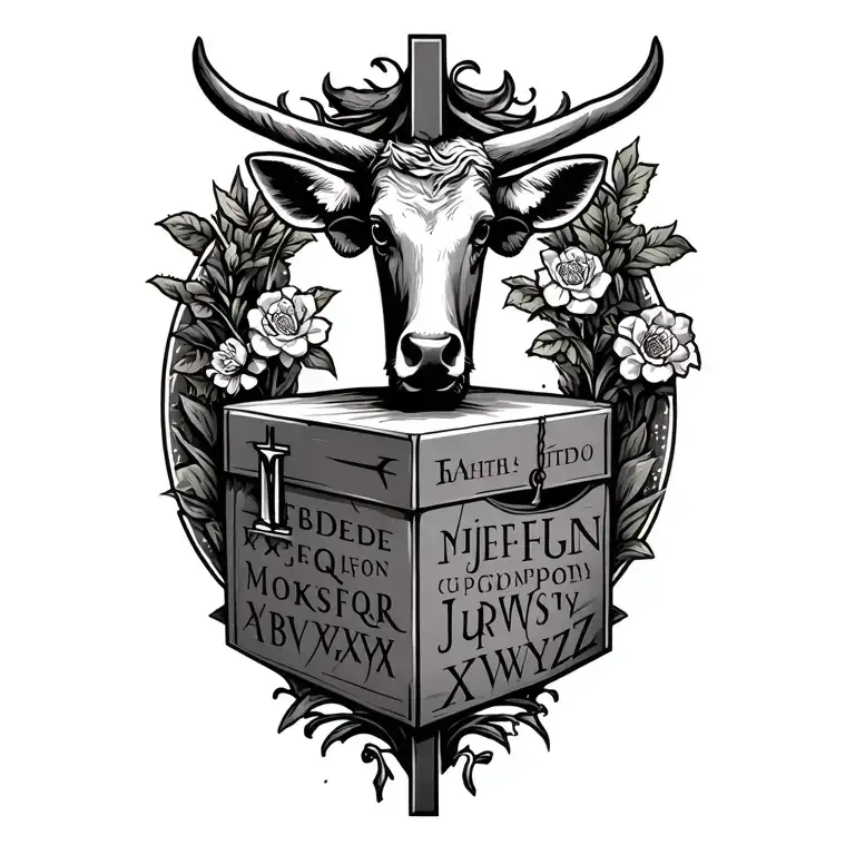 a bock with the alphabet and certain letters underlined with a cross with the left bar hanging on the box and scripture  tattoo design idea