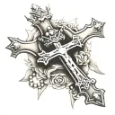 cross with thorned crown around it with rosary beads intertwined tattoo design idea
