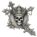 cross with thorned crown around it with rosary beads intertwined tattoo design idea