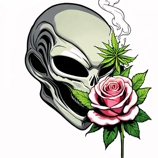 alien smoking weed with rose  tattoo design idea