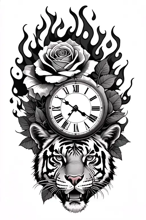 roses and a clock and a tigers eyes and flames tattoo design idea