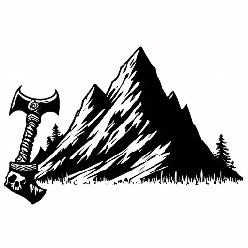 Native American war hatchet with mountain range and skull in background tattoo design idea