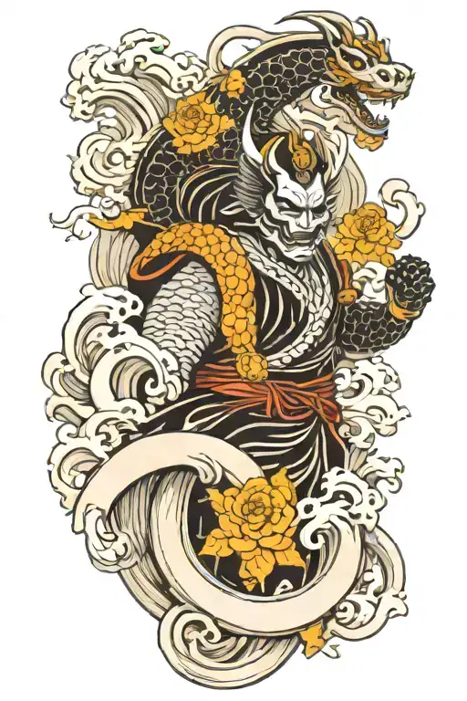 b&w sleeve in japanese, samurai mask hanya in binding with dragon on background of waves or smoke, ornament on elbow with flowers tattoo design idea